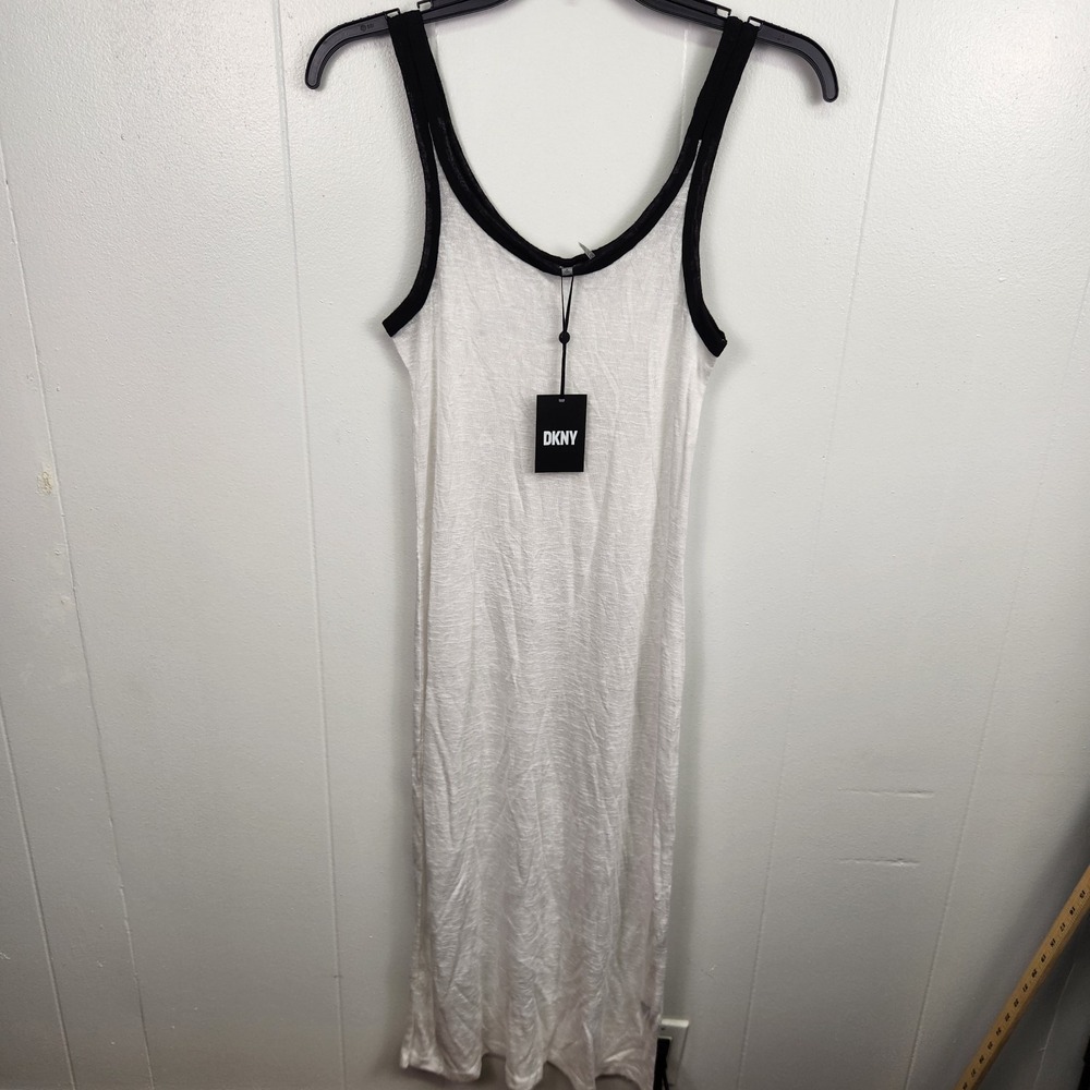 DKNY Ivy White Black Trim Rayon Polyester Beach Cover-Up Dress Small S NWT